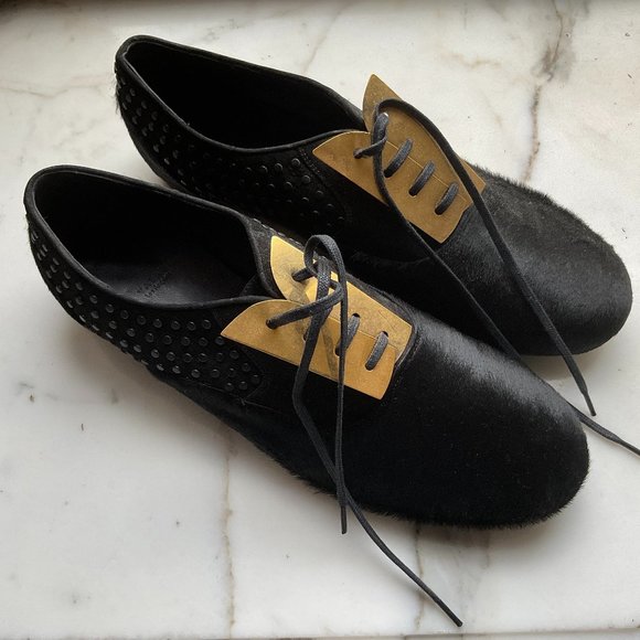 VALAS Hair On Black Laced Loafers with Gold metal Trim Lace Panel - Picture 1 of 6